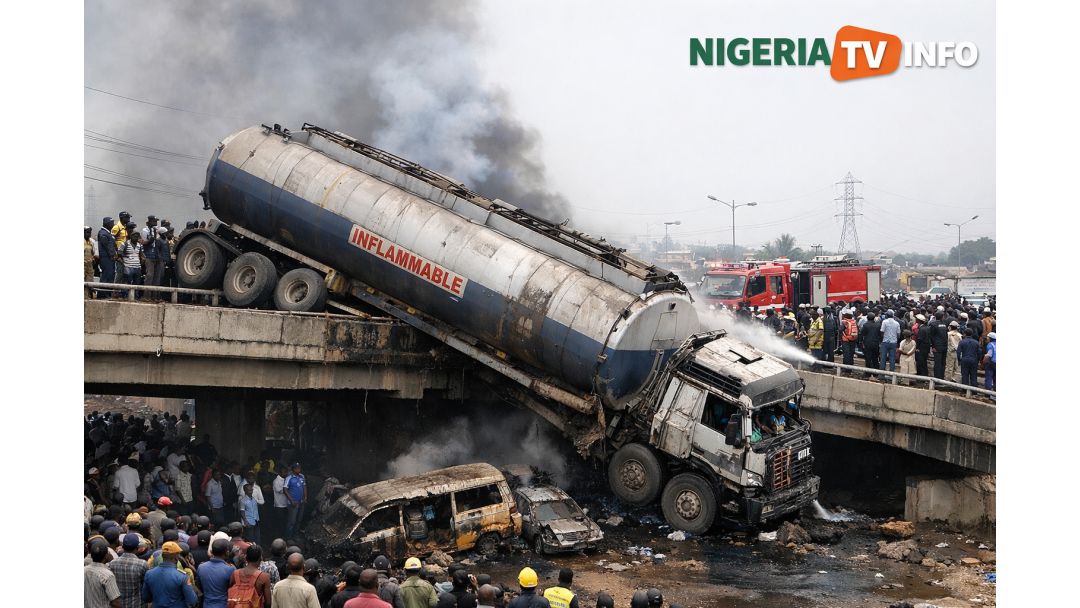 Fire Service Intervenes As Diesel Tanker Overturns On Lagos Bridge